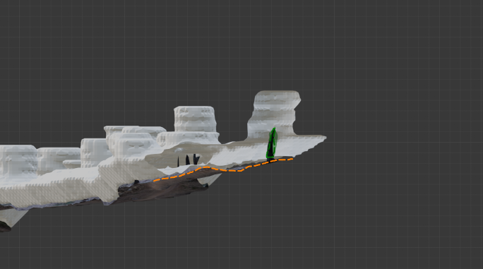 Blender screenshot of mesh with volume placed above face centers